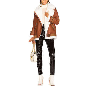 OEM Women <strong>Long</strong> Sleeve Buckle Strap Fur Collar <strong>Leather</strong> <strong>Jacket</strong> - Product Image 6