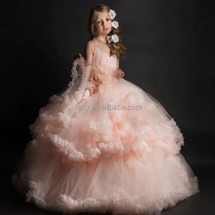Yüksek kaliteli pembe prenses kız elbise fırfır tül etek diz boyu pembe çiçek kız elbise kız parti elbise
