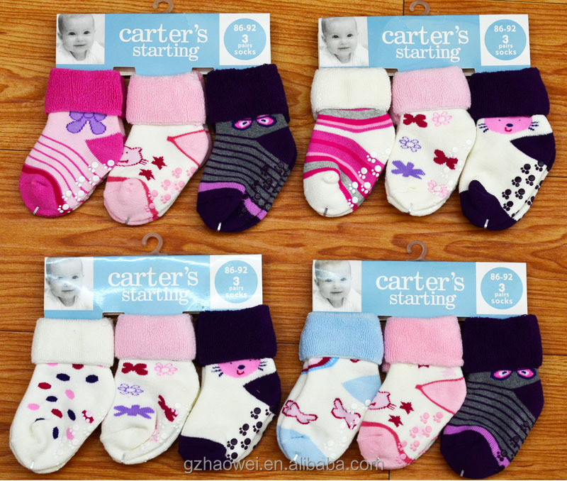 Оптовая продажа, милые махровые хлопковые Складные носки для малышей, Нескользящие Детские носки с мультипликационным рисунком