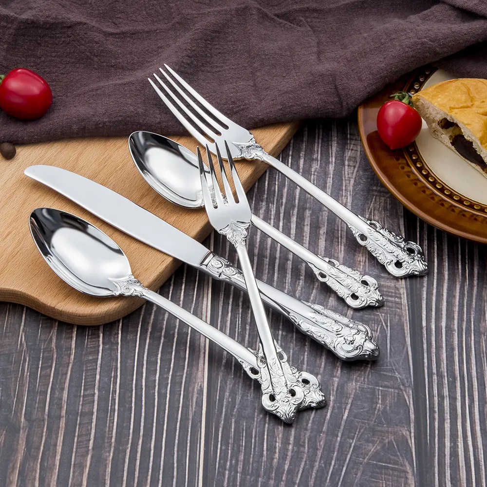 Luxury Silver 304 Stainless Steel Flatware Sets,Vintage Cutlery with Knife Fork Spoon