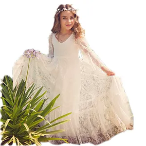 In Voorraad Wit Full-Length Groothandel Kinderen Boutique Kleding Kids Meisjes Party Dress Lange Mouwen Pageant Jurken Kids