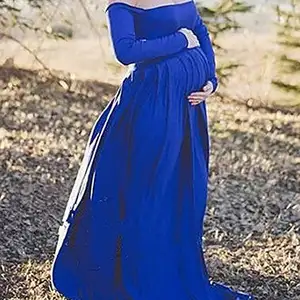 妊娠中の母親のためのオフショルダー長袖母性服ドレス2019写真マキシトレーリングドレス