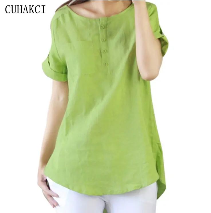 Blusa holgada informal de lino y algodón para verano,camisa #Green 