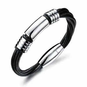 Marlary Wholesale Men Stainless Steel Trendy Style Gift Promotion Leather Bracelet