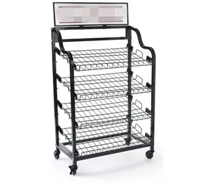 Free movable bakery display rack with 4 wheels, 4 shelves & header display rack for retail boutique store merchandise