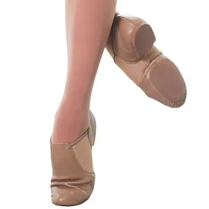 Leather Neoprene Elastic Slip on Dance Shoes Tan Jazz Shoes for Kids