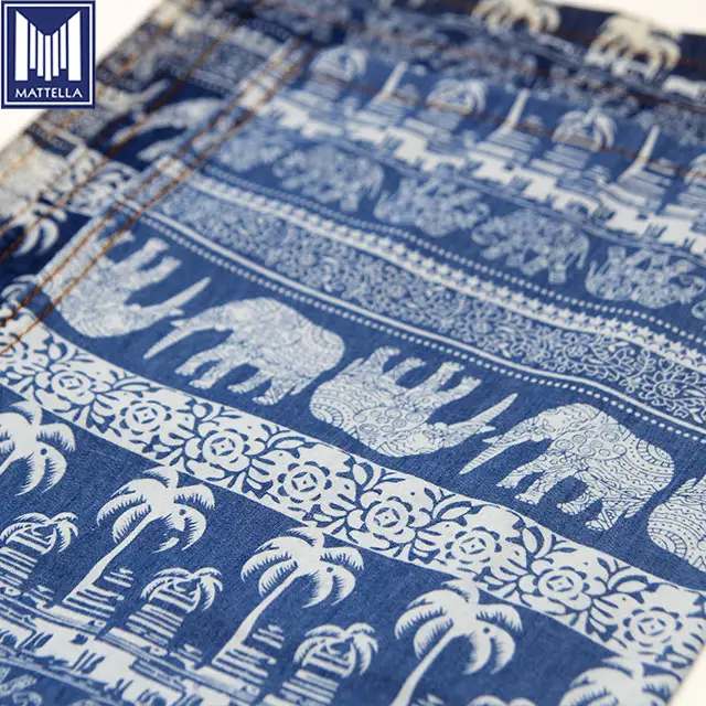 FA005 Thái thiết kế động vật voi dừa cây đàn hồi 75 cotton 23 polyester 2 spandex căng chàm in denim vải