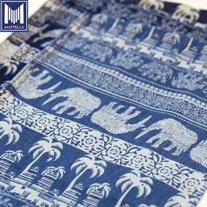 FA005 Thai design animal elephant coconut tree elastic 75 cotton 23 polyester 2 spandex stretch indigo printed denim fabric