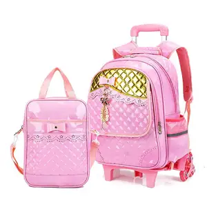 Sac à dos roulant pour enfants, roulettes pour filles, sac d'école, sac à roulettes avec sac à Lunch, rose