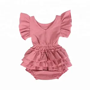 Barboteuse pour bébés filles manches courtes à volants, vêtements pour enfants, en tissu de chine, vente en gros