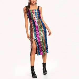 Multicolor Thick Strap Sequin Dress Ladies Sexy Sleeveless Striped Party Midi Dress