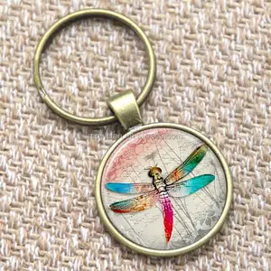 Porte-clés de libellule en verre, bijou personnalisé, en forme d'insecte, Art naturel, imprimé