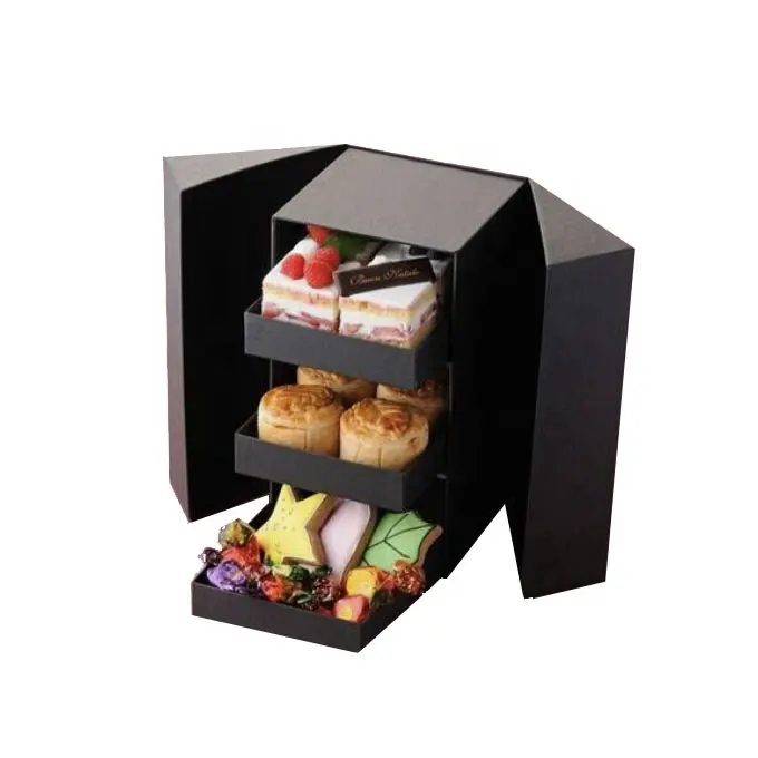 Boîte d'emballage carton de présentation de Dessert de guangdong, extrémité Tuck, papier d'emballage alimentaire noir avec 3 couches de tiroirs, Logo personnalisé AI dvr DWG