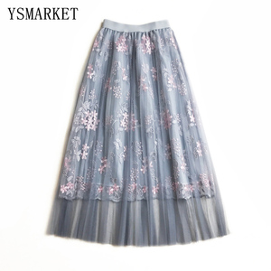 Summer <strong>Pleated</strong> <strong>Skirt</strong> Mesh <strong>Pink</strong> Beige Blue Embroidery Elastic Waist Long <strong>Skirts</strong> Womens Bandage Sexy Party Office Lady Midi <strong>Skirt</strong> - Product Image 2