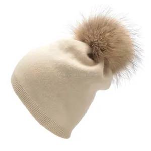 Natürlicher Waschbär Pelz Pom Pom Gestrickte Slouchy Wolle Beanie Hut für Frauen