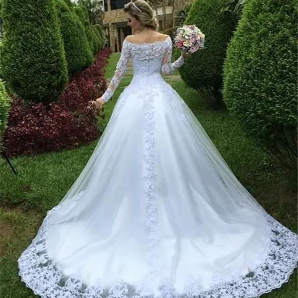 JIERUIZE Vintage Lace Appliques Ball Gown Wedding dress Brand Off the Shoulder Long Sleeves Cheap Wedding Gowns Bridal dress