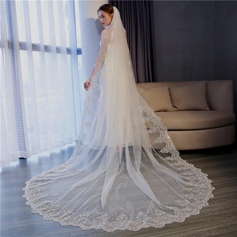 TS17154 lace trim bridal veil stylish wedding veils long cathedral