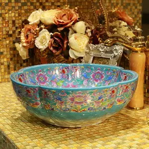 Jingdezhen fabrika doğrudan çiçek şekli renkli sırlı sanat seramik banyo havzası otel