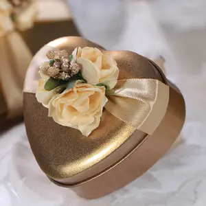 Wedding Reurn Gift Gold Flowers One Line Ribbon on the Top Deep Gold Heart Tin Wedding Candy Box