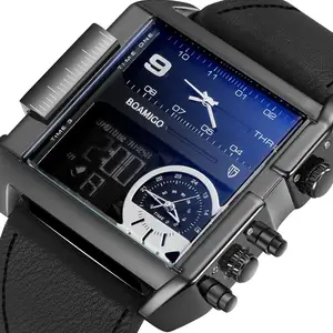 Orologio da uomo digitale al quarzo Boamigo sportivo impermeabile con sveglia a 3 fusi orari in pelle con quadrante grande quadrato dal Design unico