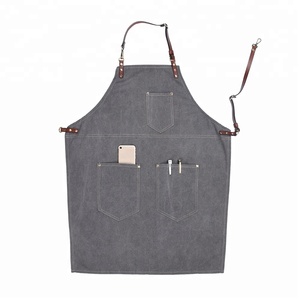 Restaurante <span class=keywords><strong>de</strong></span> moda personalizado delantal Denim con correas <span class=keywords><strong>de</strong></span> cuero - Product Image 2