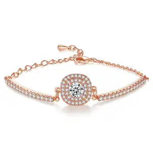 LUOTEEMI Austrian Rhinestone Cup Chain Micro CZ Pave Two Halos 1ct Round CZ Bracelet 18K Rose Gold Plated Jewelry for Women