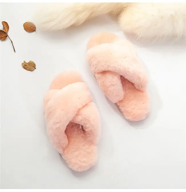 Real fur House Slippers Winter Sheepskin Cross Strip Slippers
