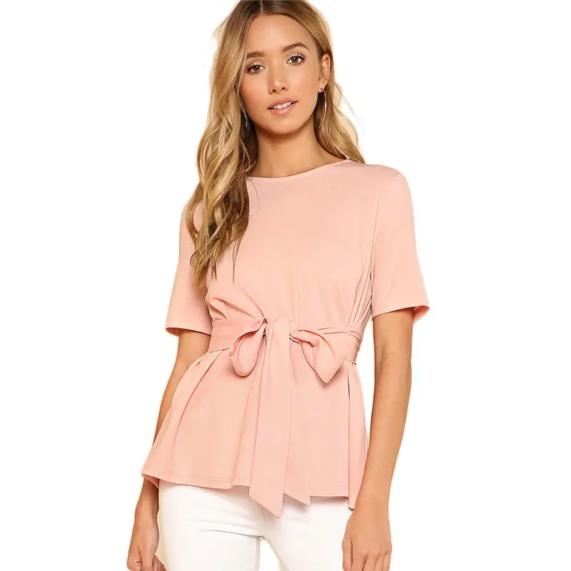Zomer Vrouwen Korte Mouw O-hals Nieuwe Vrouwen Tops Dames Shirts Blusa Casual Roze Blouses en Shirts