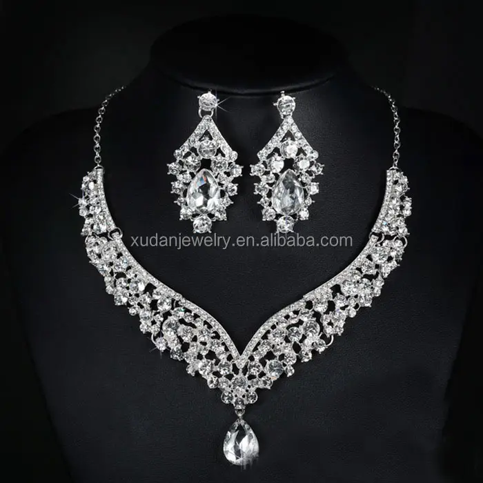 Elegant Flower Crystal Bridal Jewelry Sets Gorgeous Silver Color Wedding Party Necklace Earrings Sets