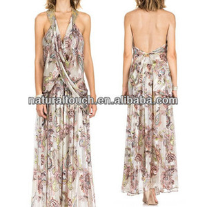 Fournisseur de la Chine cou dos nu <span class=keywords><strong>licol</strong></span> robe elagant impression mousseline de soie maxi (NTF04038) - Product Image 1