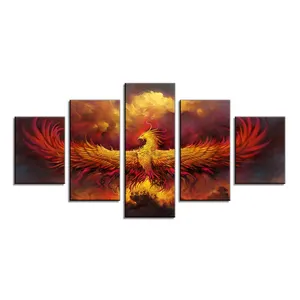 factory wholesale flaming Phenix Anime painting 5 panel animal oil canvas painting acrylic spray prints POP wall art mural