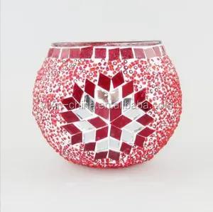 Centerpieces decor red color crafted turkish glass mosaic candle holder