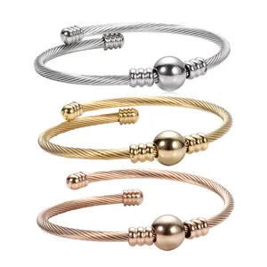 Damas moda regalo de la joyería de plata de oro rosa brazalete de acero inoxidable del encanto del grano de alambre de Cable trenzado pulsera brazalete