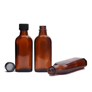 New design 100ml amber flat square essential oil glass bottle syrup glass bottle