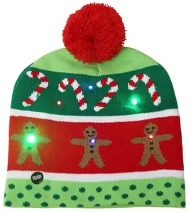 lafd beanie Suppliers-Fashion Musim Dingin Grosir Akrilik Natal Gingerbread Man Merajut Hangat LED Pom Beanie dan Syal Set