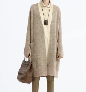 100 cashmere knitted elegant lady cardigan sweater long coat with pocket