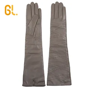GL67 Ladies Sexy Long Grey Real Sheepskin Leather Gloves Women for Wholesale