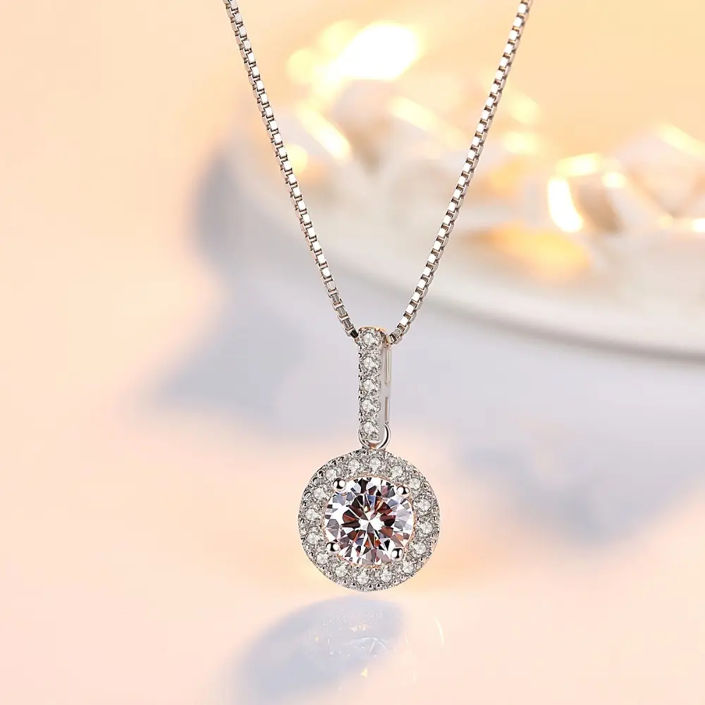 CZCITY 925 Sterling Silver Halo Pendant Necklace With Sparkle AAA Cubic Zirconia Diamond Women Luxury Elegant Neck Jewelry