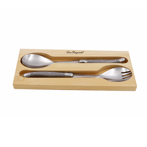 Juego de cubiertos de diseño clásico, Set de 2 piezas de tenedor y cuchara para ensalada Laguiole con mango de ABS en bandeja de pino