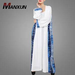 Dagelijks Smart Casual Wit Indigo Blauw Abaya Open Vest Kimono Maxi Jurk Islamitische Kleding Moslim Vrouwen Jalabiya