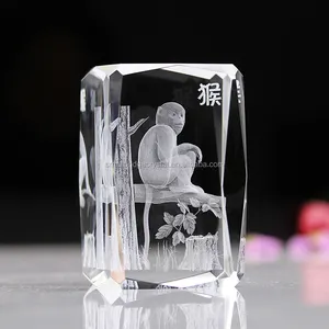 High Quality 3d Monkey Animals 3d Laser Inner Engraving Customize Crystal Glass Cube