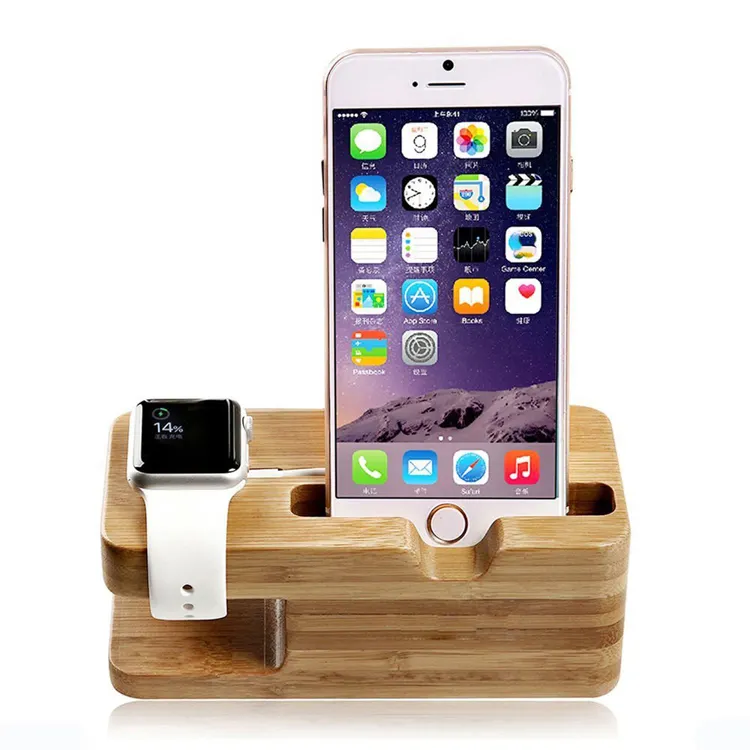 Bamboo Wood Mobile Watch Stand Bracket Wooden Phone Stand Holder for iPhone iWatch