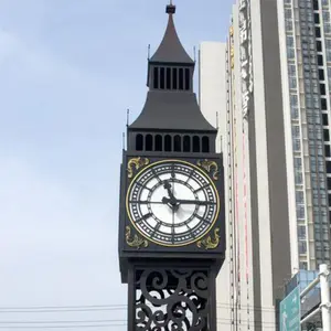 Büyük açık paslanmaz çelik Metal dört taraflı saat kulesi heykel