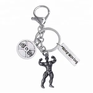 Keep moving muscle man zinc alloy sports wafer charm strong is beautiful bodybuilding fitness key chain