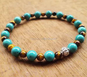 Sn0067 Handmade Đá Made 4Mm Tiger Eye Đá 6Mm Turquoise Đá Mala Đàn Hồi Vòng Đeo Tay Người Đàn Ông