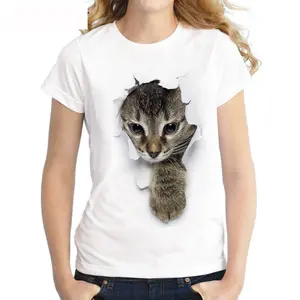 Best Seller 100% pamuk 3D kedi dijital baskı T Shirt kısa kollu yuvarlak boyun beyaz kadınlar baskılı tişört