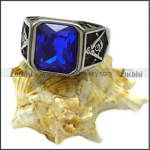 Vintage Design Zilveren Gegraveerde Vrijmetselaars Patroon Vierkante Blue Sapphire Stone Ring