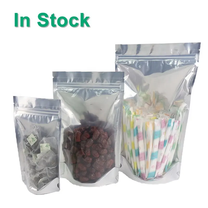 Clear Front Silver Back Stand Up Smell Proof Resealable Ziplock Aluminum Foil Packaging Mylar Food Storage Doypack Pouches Bags