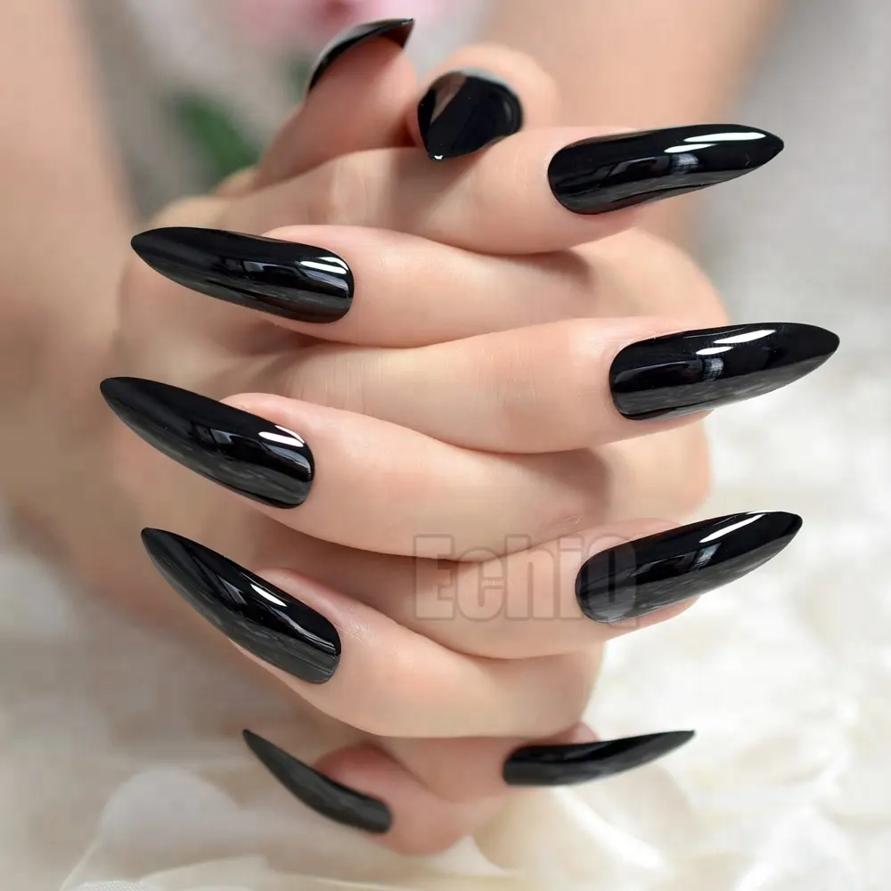 Dark Black False Fake Artificial Nail Extra Long Stiletto Mirror Nails Sharp Elegant for finger patch Women daily wear Z931