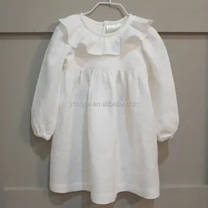 Белое льняное хлопковое платье с рукавами 3/4, одежда для маленьких девочек с гофрированным воротником